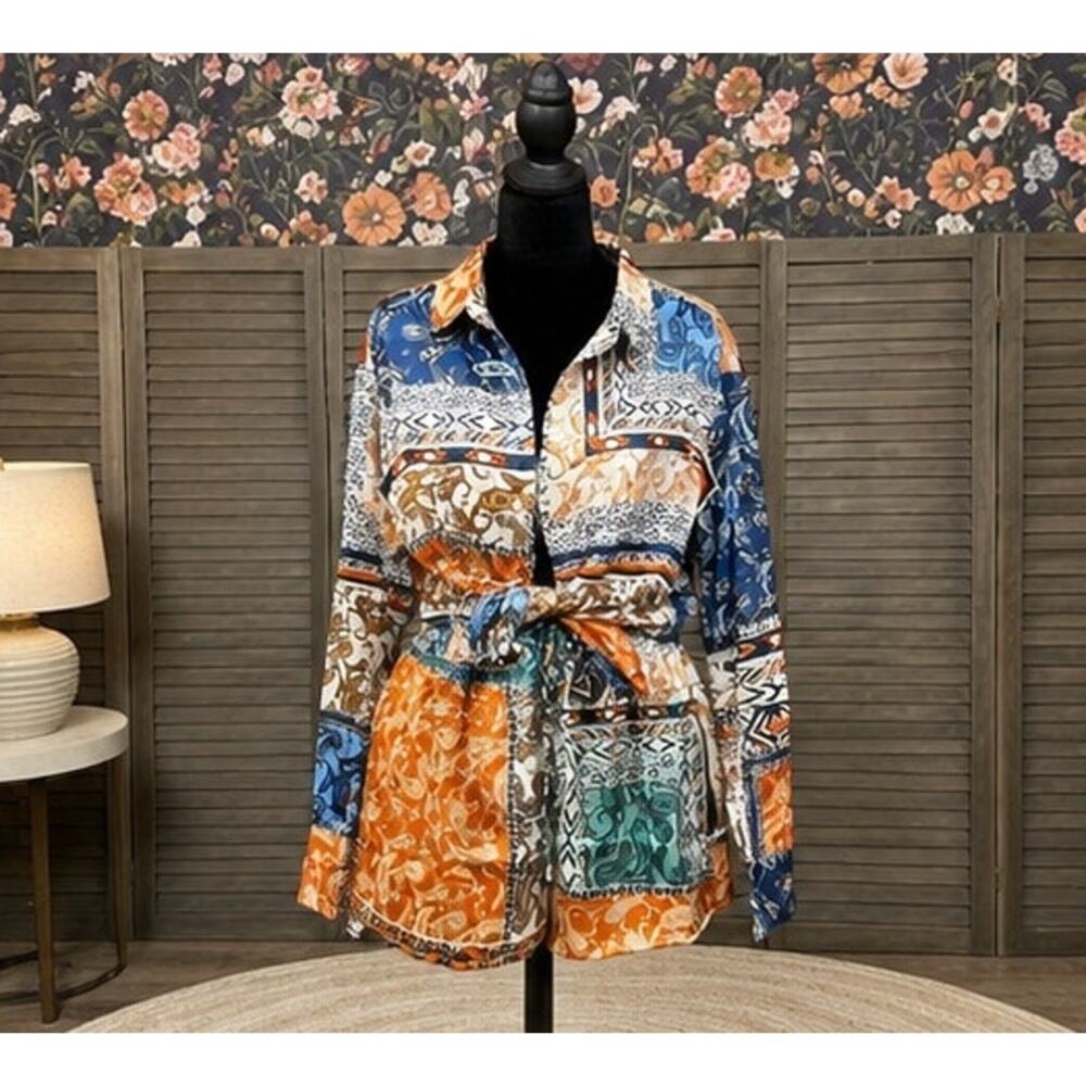 Inmod Patchwork Paisley 2 Piece Shorts Set M Button Down Resort Boho NWT - Picture 4 of 10